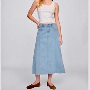 Gap Super Soft Denim Maxi Skirt Faded Wash Button Fly Raw Hem Women's 12, NWOT